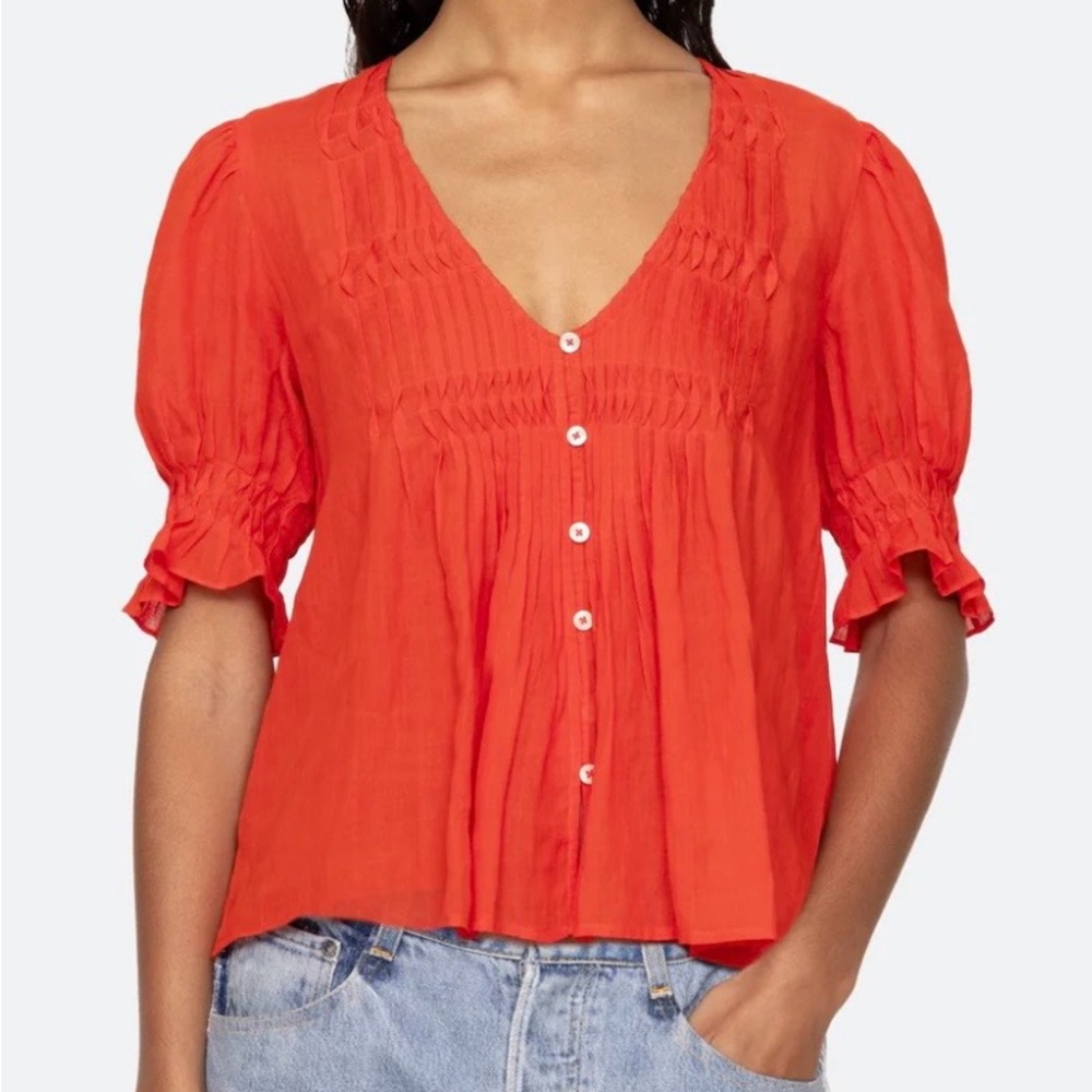 SEA NEW YORK ZORA pleated short sleeve top in chili orange size Large NWT